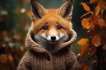  a close up of a fox wearing a sweater and looking at the camera with a surprised look on its face.