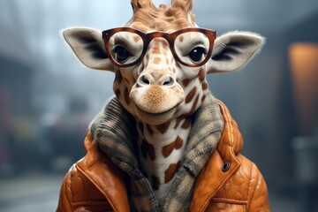  a close up of a giraffe wearing glasses and a leather jacket with a scarf around it's neck. - obrazy, fototapety, plakaty