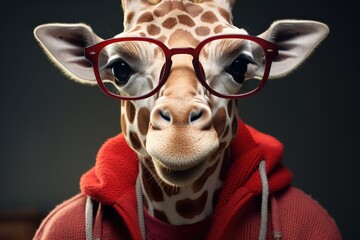  a close up of a giraffe wearing a red hoodie and wearing a pair of red eyeglasses.