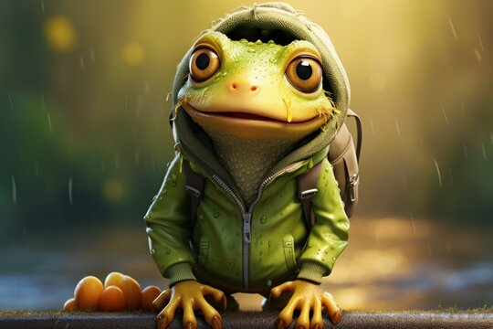  a frog wearing a green jacket and hoodie sitting on a ledge in the rain with its eyes wide open.
