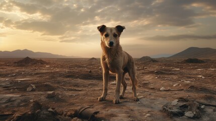 Cute dog in the desert with the mountains at the background. AI Generated 