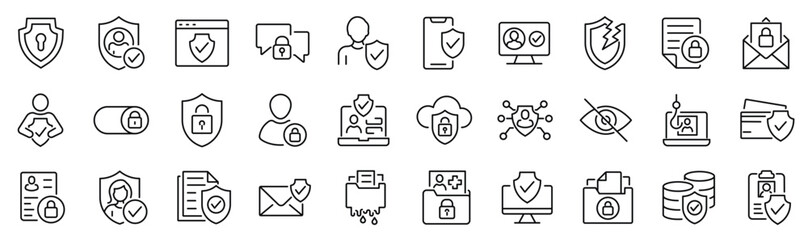 Set of 30 outline icons related to data privacy. Linear icon collection. Editable stroke. Vector illustration
