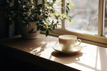 Background breakfast tea morning window cup drink hot warm table mug