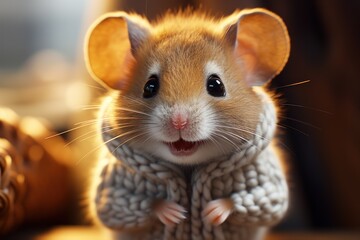  a close up of a small rodent wearing a knitted sweater and looking at the camera with a smile on its face.