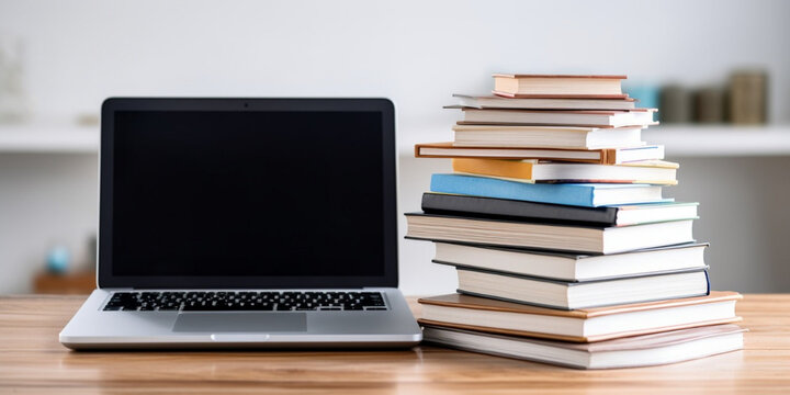 Information College Image,A stack of books on a desk with a laptop next to it,Stack of books with laptop on wooden table

