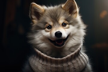  a close up of a dog with a sweater around it's neck and a smile on it's face.