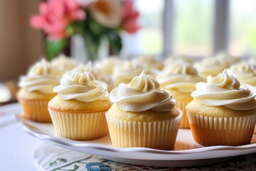  a close up of a plate of cupcakes with frosting on them on a table with a vase of flowers in the background.