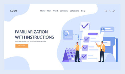 Familiarization With Instructions concept. Employees interact with a checklist, ensuring all tasks and guidelines are acknowledged. Calendar and chat bubbles accentuate the process. Flat vector.