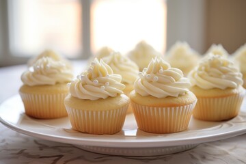  a plate of cupcakes with white frosting on top of a table with a window in the background.