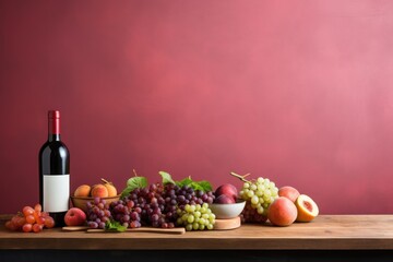  a wooden table topped with a bottle of wine and a bowl of fruit next to a bowl of grapes and a bottle of wine.