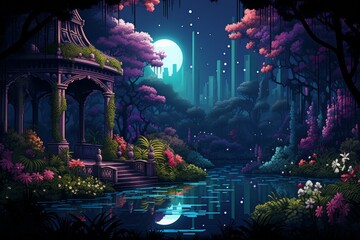 Obraz premium Tranquil moonlit gardens, blooming with exotic flowers and serenity under the moon's gentle gaze - Generative AI
