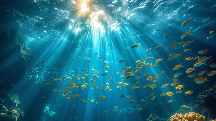 Fototapeta na wymiar A photophone of the underwater world, where the light penetrates through deep waters, creating the