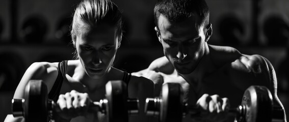 Gym and fitness, woman and man lifting dumbbells, in the style of dark tonality, monochrome.