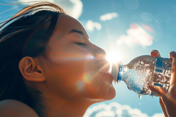 Portrait of a girl drinking clean spring water, background for World Water Day and problems of access to clean water in the world, advertising for drinking water supplies