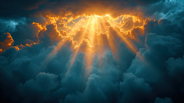 The background of heaven, where a bright ray of light breaks through the clouds, creating a visual