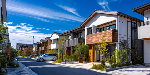 Panoramic view of modern townhouses in the suburbs
