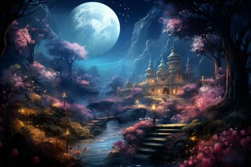Obraz premium Tranquil moonlit gardens, blooming with exotic flowers and serenity under the moon's gentle gaze - Generative AI