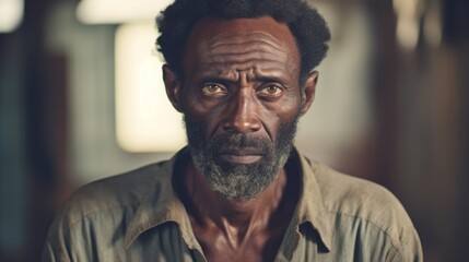 Photorealistic Old Black Man with Brown Straight Hair vintage Illustration. Portrait of a person in Great Depression era aesthetics. Historic movie style Ai Generated Horizontal Illustration.