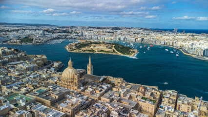 Aerial landscape in capital city Valetta, Mediterranean sea, Malta