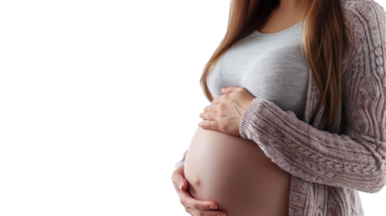 Pregnant woman gently holding her belly, no face, poster, banner, copy space. 