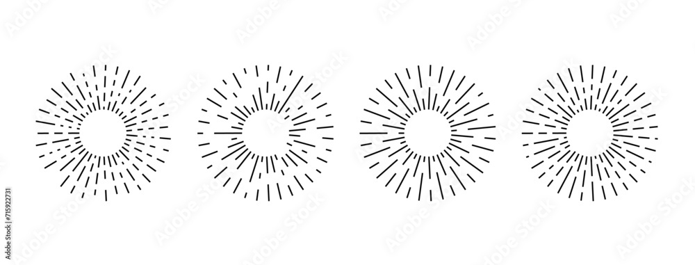 Poster sun rays icon, shine, sunburst line. vector illustration set. linear style.