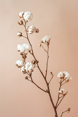 Cotton plant branch on peach fuzz background, color of the year 2024