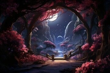 Fototapeta premium Tranquil moonlit gardens, blooming with exotic flowers and serenity under the moon's gentle gaze - Generative AI