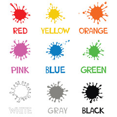 Color guide whit color name. Children educational Learning color theme and vocabulary. Set of colored blots on the white background.  illustration.