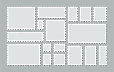 Rectangular perforated labels. Collection blank post stamps. Postage frames set. Empty postal stamp. Borders for mail letter. White paper postmarks isolated on gray background. Vector illustration.