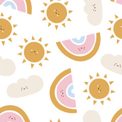 Vector seamless pattern with cute cartoon smiling sun, cloud and rainbow. Charming hand drawn pattern for nursery design, Valentines day, wallpaper. Colored vector background in flat style