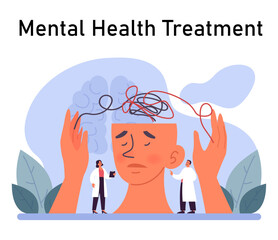 Psychotherapy. Psychiatrist consulting a patient on mental health disorders. Thoughts and emotions analysis. Group, drug, art and animal therapy. Flat vector illustration
