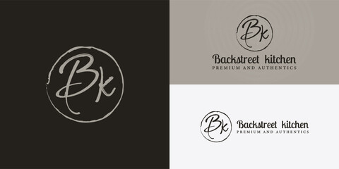 abstract initial letter B and K logo in white rustic style isolated in black background applied for restaurant logo design also suitable for the brands or companies that have initial name BK or KB