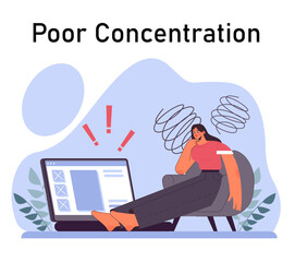 Post traumatic stress disorder. Female character suffering from mental disorder, dealing with despair, fear and pain. Anxiety and depression disease. Flat vector illustration