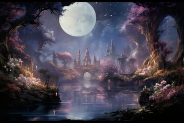 Fototapeta na wymiar Tranquil moonlit gardens, blooming with exotic flowers and serenity under the moon's gentle gaze - Generative AI
