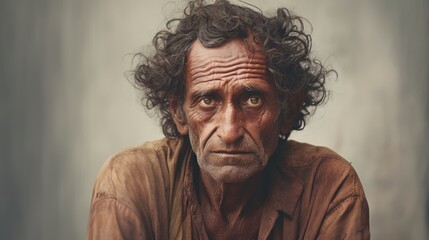 Photorealistic Old Indian Man with Brown Curly Hair vintage Illustration. Portrait of a person in Great Depression era aesthetics. Historic movie style Ai Generated Horizontal Illustration.