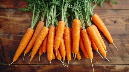 Bunch of carrots in a wood table - obrazy, fototapety, plakaty
