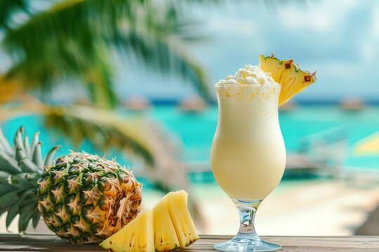 Closeup photo of fresh cold alcoholic fruit pina colada cocktail drink glass with cream and pineapple with blurry tropical beach bar in the background
