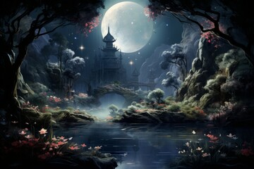 Tranquil moonlit gardens, blooming with exotic flowers and serenity under the moon's gentle gaze - Generative AI