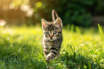 Naklejka na ściany i meble Small tabby kitten walking outdoors in summer, portrait on grass