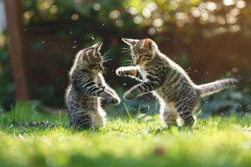Obraz premium Two striped cats play on a sunny green lawn bouncing high and releasing claws