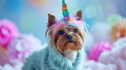 A small Yorkie wearing a whimsical costume that transforms it into a four-legged unicorn, complete with a colorful horn and flowing mane. The enchanting absurdity of the outfit add