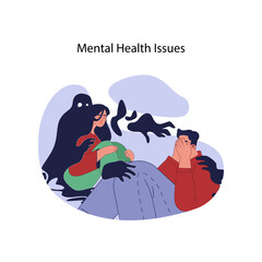 Mental health issues concept. Man and woman overwhelmed by dark shadows, symbolizing inner struggles and emotional turmoil. Facing unseen challenges of mental well-being. Flat vector illustration