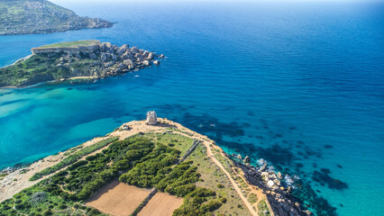Aerial view near Radisson Blu Resort over Golden Bay in Mellieħa, Malta