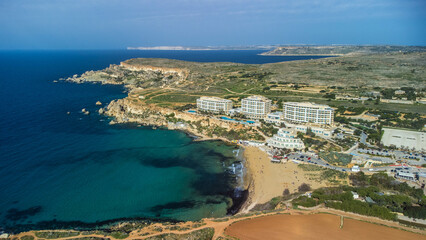 Fototapeta na wymiar Aerial view near Radisson Blu Resort over Golden Bay in Mellieħa, Malta