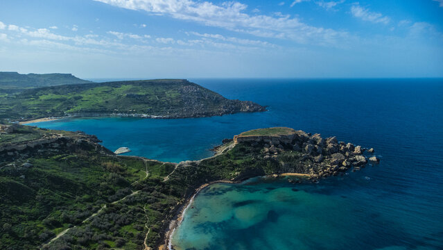 Aerial view near Radisson Blu Resort over Golden Bay in Mellieħa, Malta