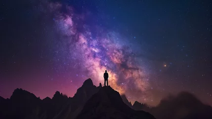 Fototapeten Stargazer on Mountain Peak Under Majestic Milky Way Galaxy © Luc.Pro