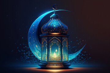 holographic ramadan kareem lantern crescent moon  - obrazy, fototapety, plakaty