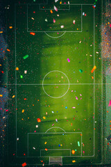 Top Down View of Soccer Field with Celebration Confetti. Football  Background. 