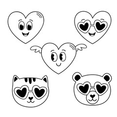 set of isolated outline groovy retro cat, bear, hearts
