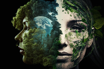 World environment and mother earth day concept with double exposure of Earth and a woman`s head. 